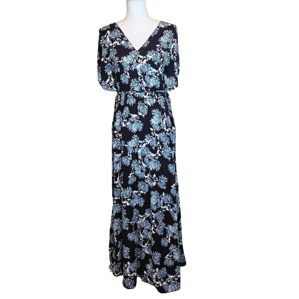 Thakoon Collective Womens Black Blue Floral V-Neck Maxi Dress‎ Size 4 Resortwear